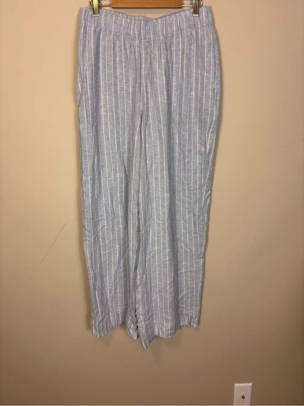 Abercrombie & Fitch Light Blue & White Striped Wide Leg Linen Blend Pants Large